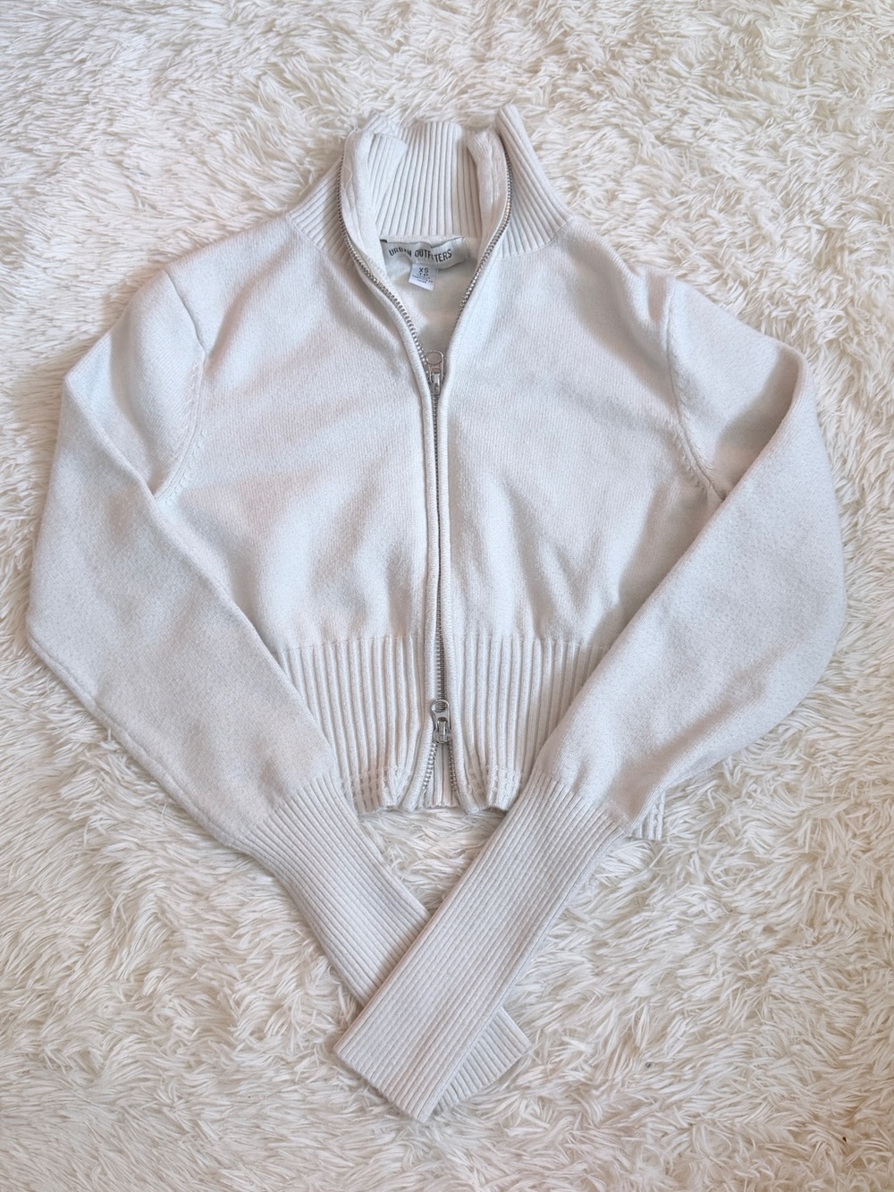 Urban Outfitters Cropped Off-White Ribbed Zip-Up Sweater Jacket